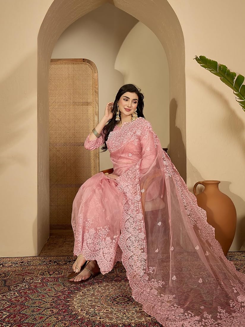 PASTEL PINK Color Organza Silk Saree