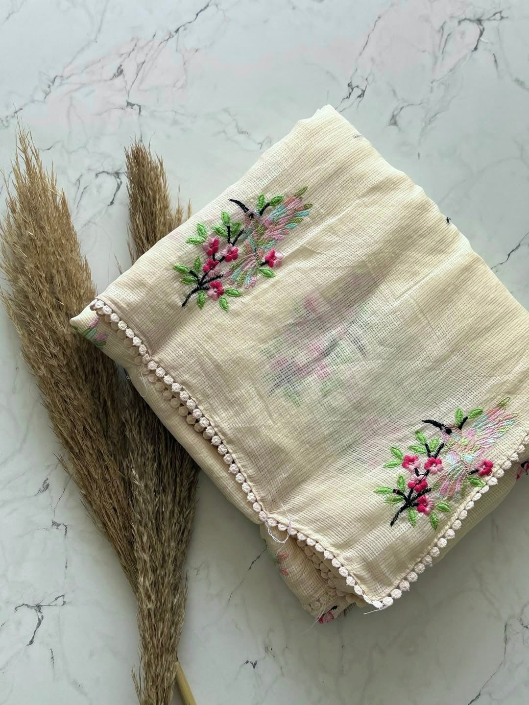 IVORY Color Premium Kota Dariya Colorful BIRD 🦅 Embroidery Saree