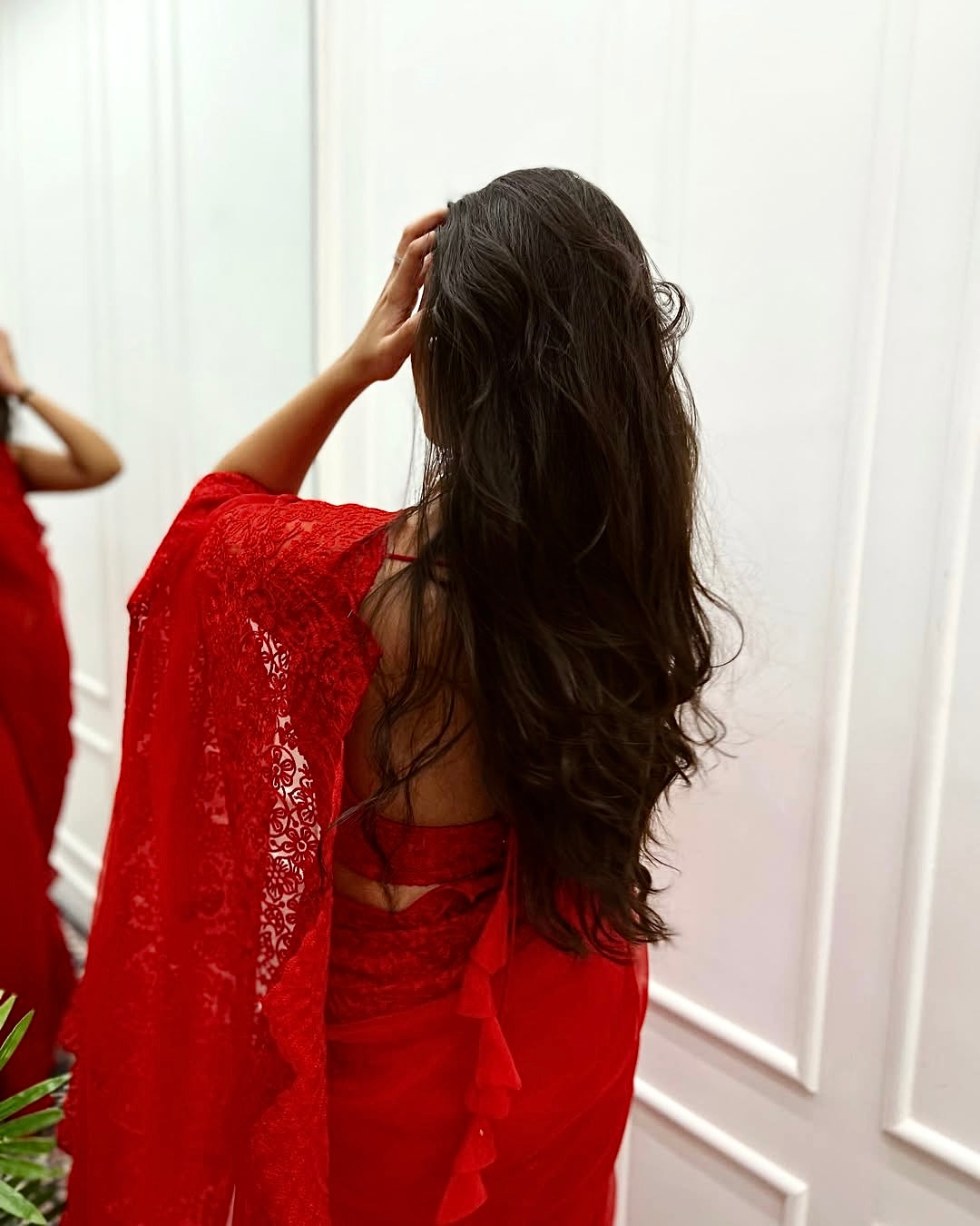 Vermillion Red Color Organza Saree embellished with dori, Hand embroidery and cut-work