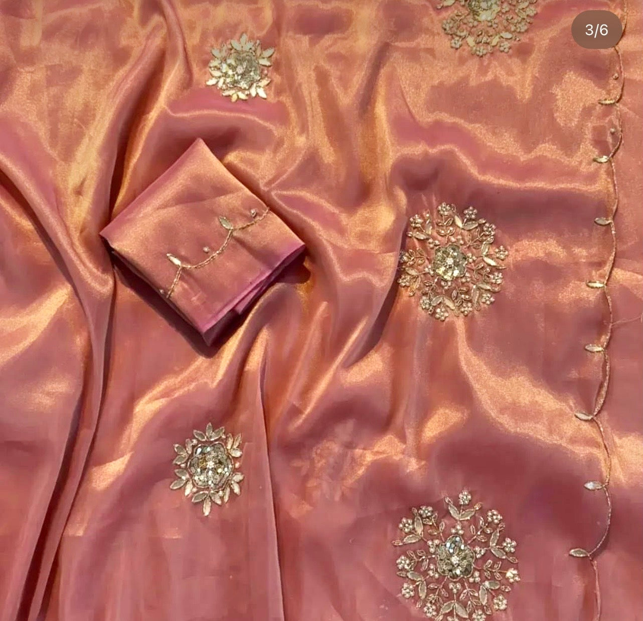 Soft Blush Pink and Faded Gold Dual Toned Tissue Silk Saree