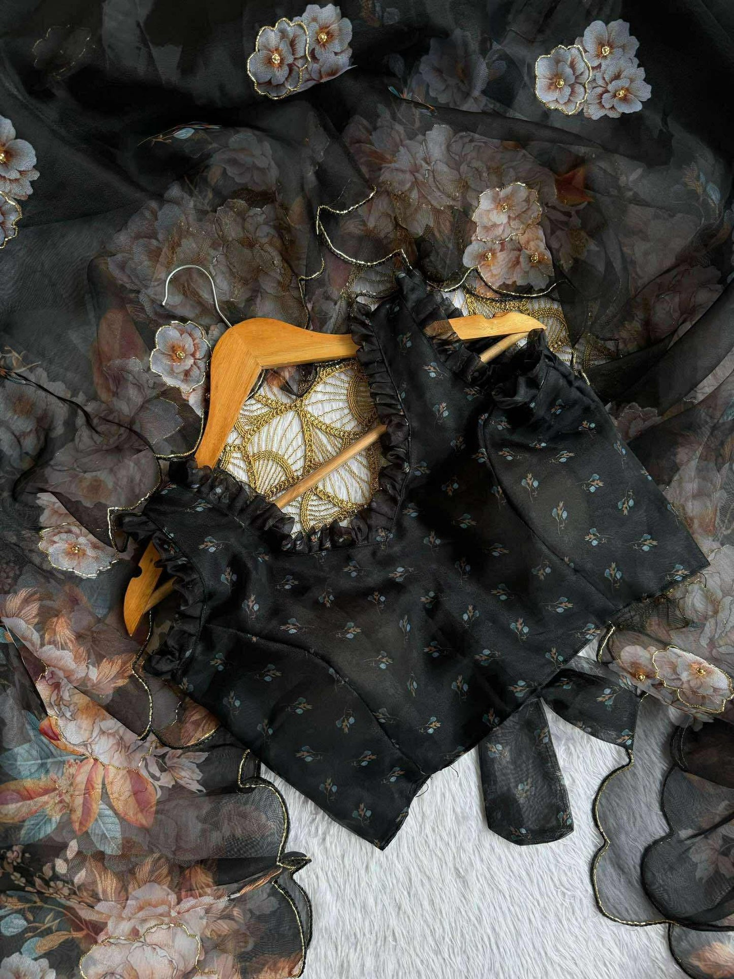 Pure Black Organza hand work Khatli and Pearl Work saree with digital print blouse piece