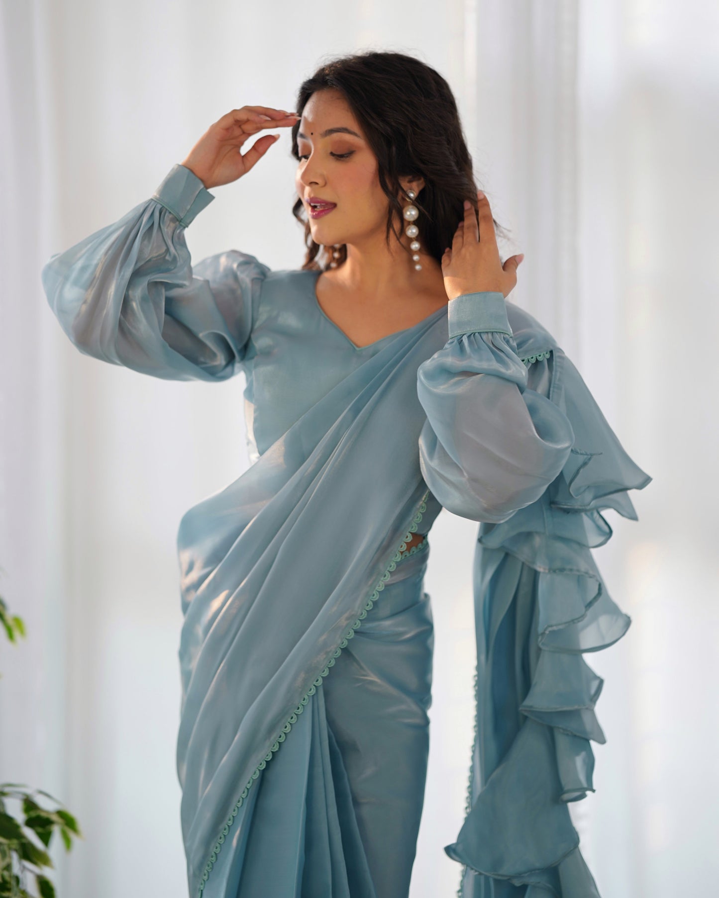 SEAFOAM BLUE Color PREMIUM QUALITY ORGANZA Saree with STITCHED BLOUSE