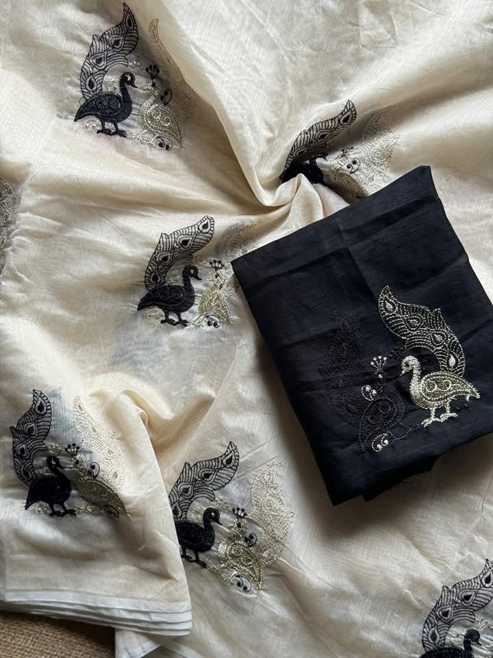 Premium Chanderi saree with peacock embroidery work Teamed with pure khadhi cotton embroidery work Unstitched Blouse Piece