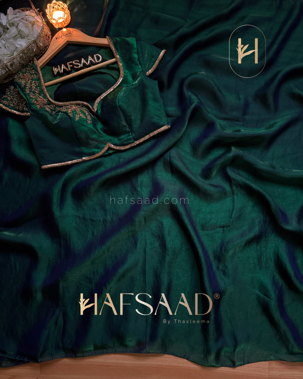 EMERALD GREEN Stardust Satin Saree paried with Same Material Blouse with Artisanal Handwork