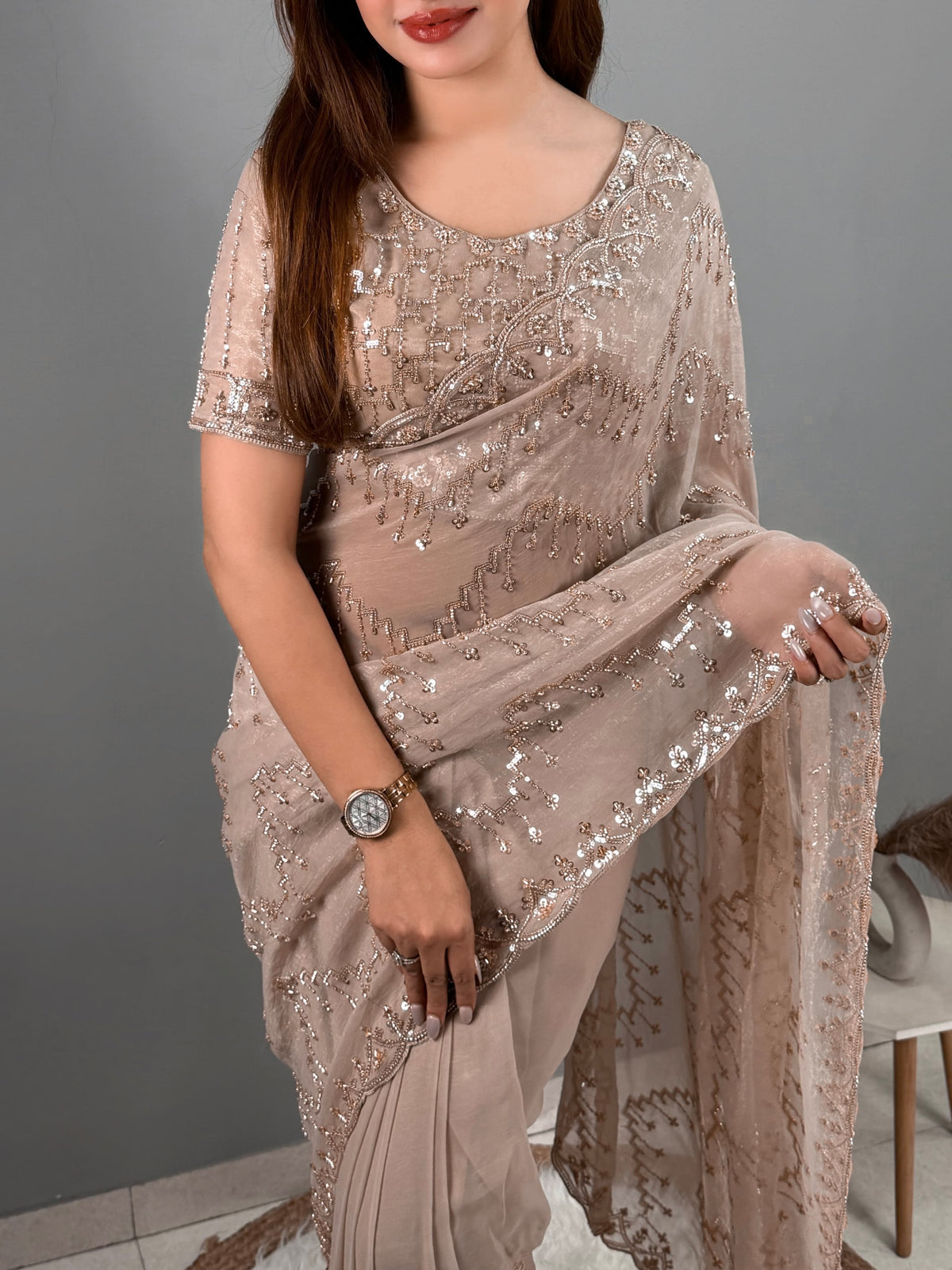 PREMIUM WOOLLY BEIGE Color Fendi Satin Saree