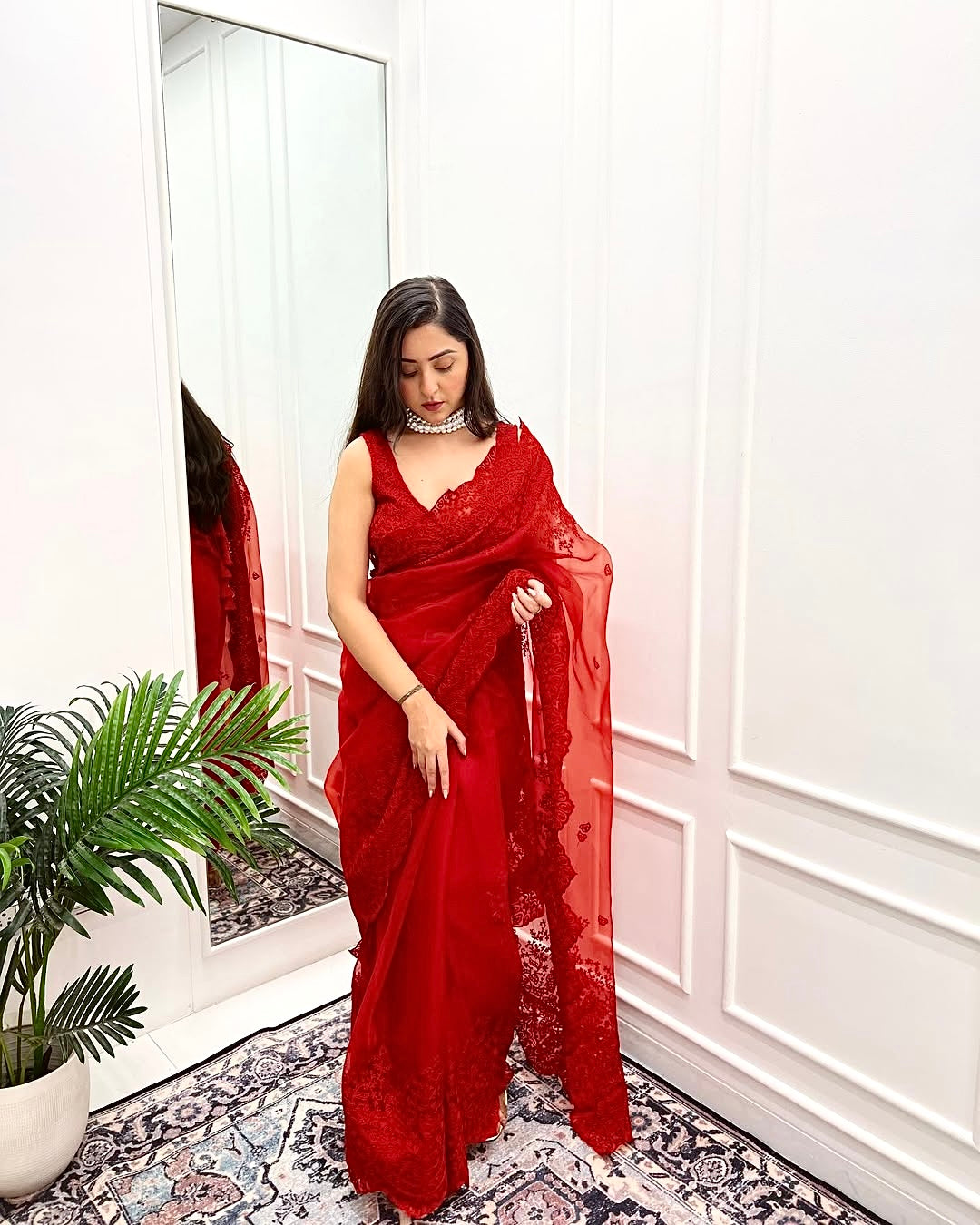 Vermillion Red Color Organza Saree embellished with dori, Hand embroidery and cut-work