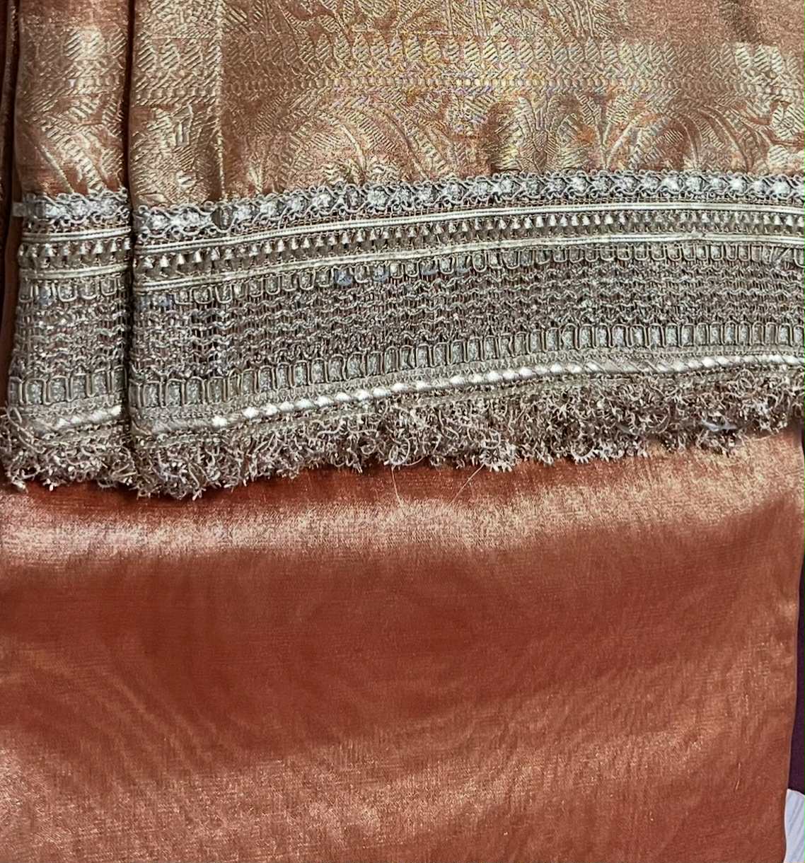 Tissue Silk Saree Orange and Golden Hues with Heavy Lace and Weaving Border and Heavy Weaving Pallu