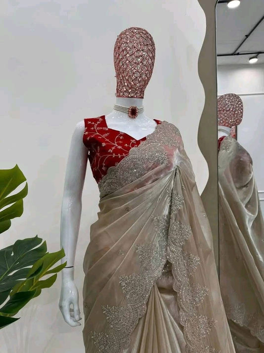 Beige Color Jimi Choo Organza Sequins Embriodery saree with Vermilion Red Color Jari Embroidery blouse piece