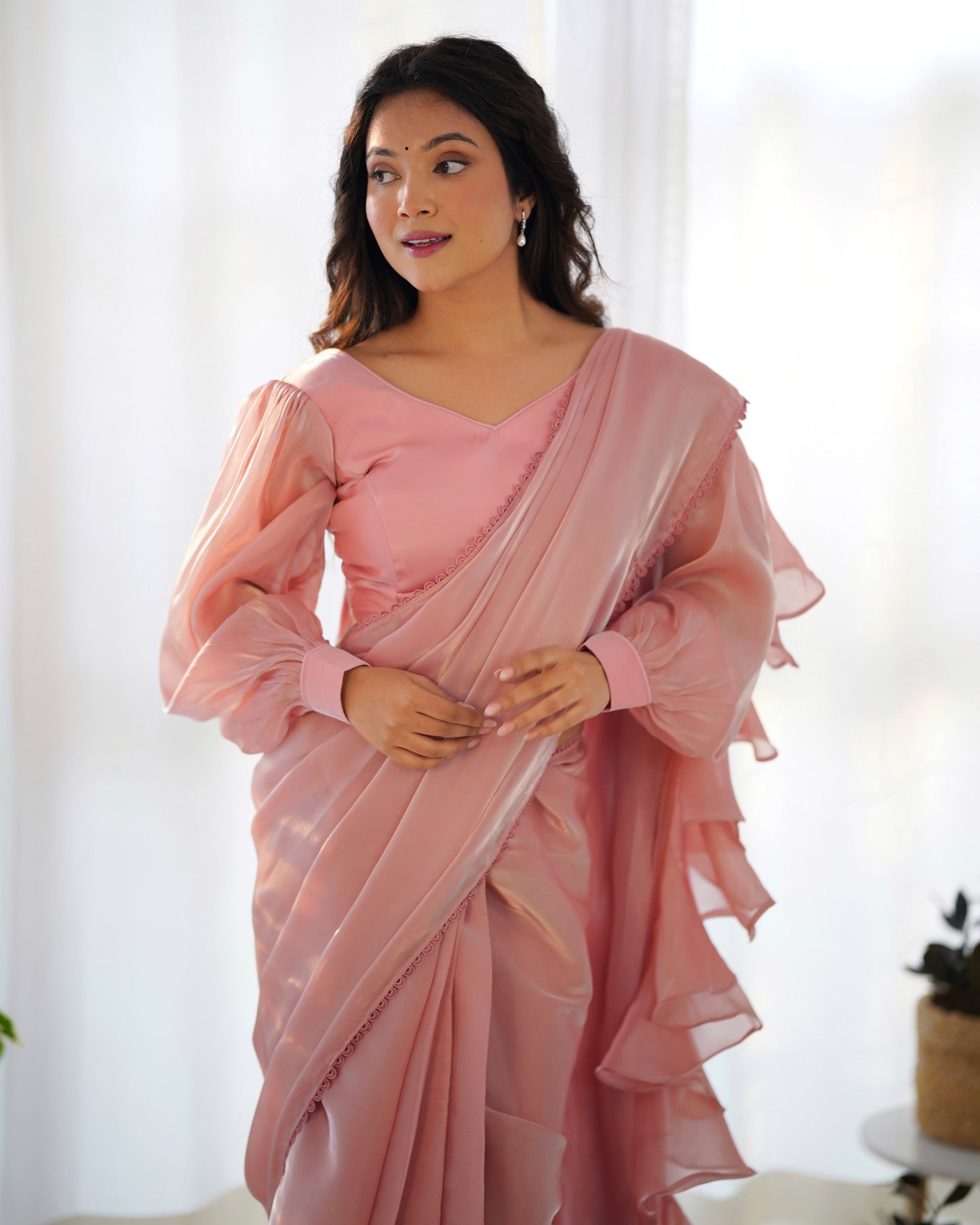 DUSTY ROSE Color PREMIUM QUALITY ORGANZA Saree Ready to Wear with STITCHED BLOUSE