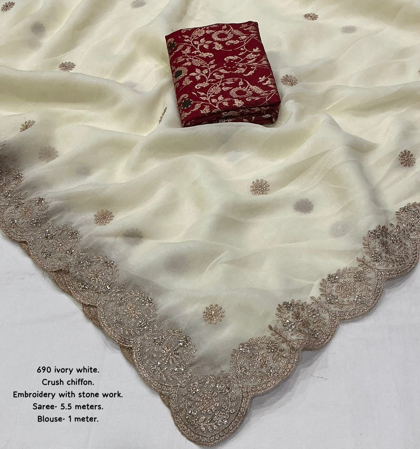 IVORY WHITE Color soft crunchy crush georgette saree with zari embroidery and stone work