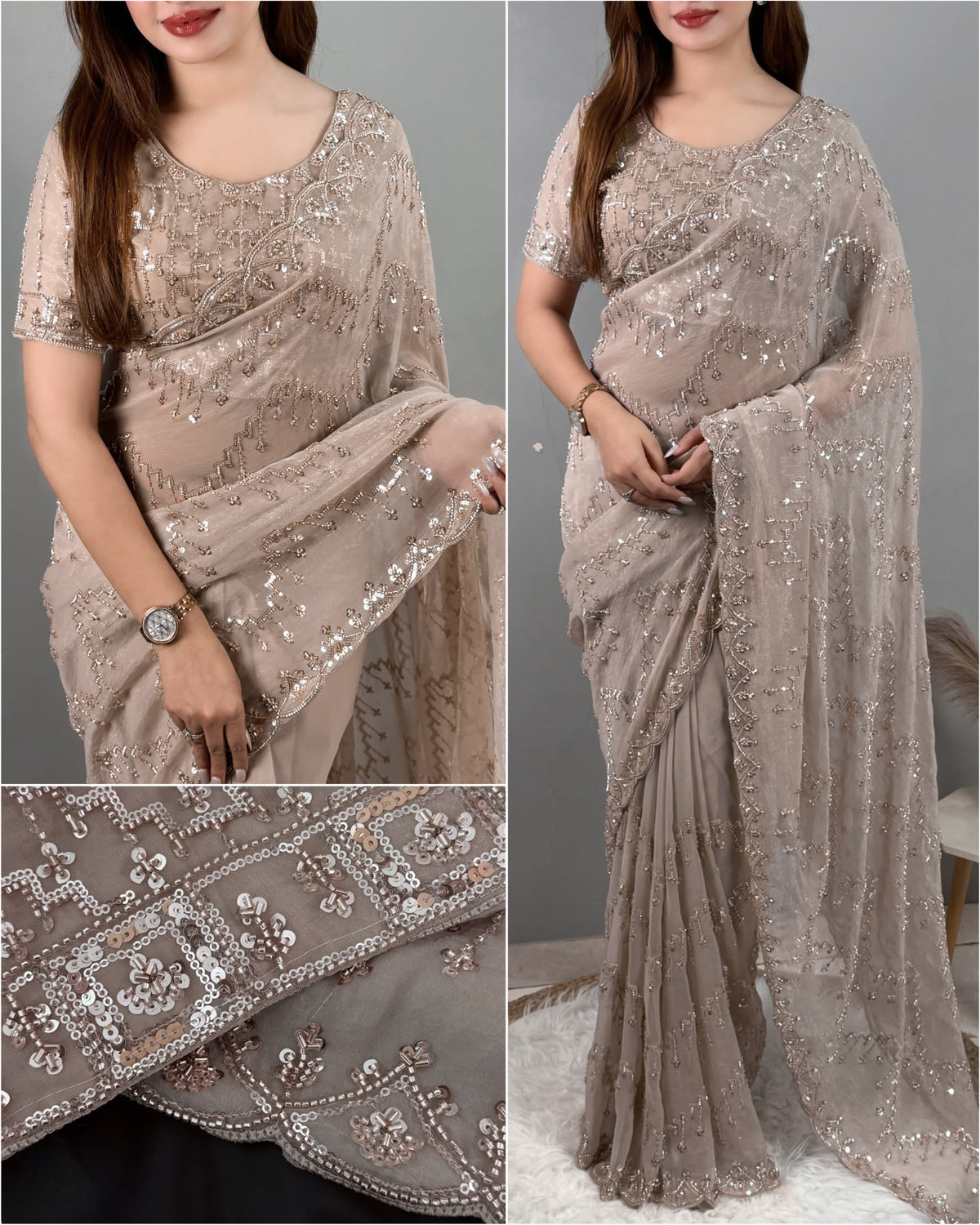 PREMIUM WOOLLY BEIGE Color Fendi Satin Saree