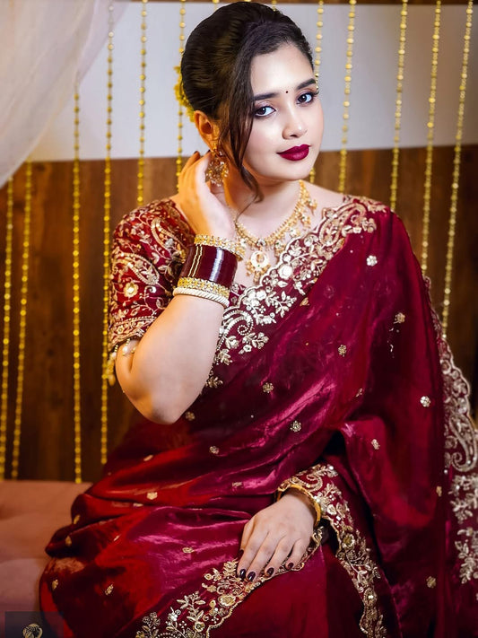 Maroon space silk embroidery saree