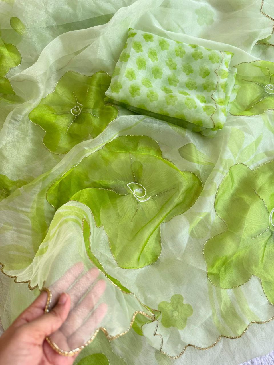 Fresh Lime Green Elegant Organza hand work Khatli and Pearl Work saree with digital print blouse piece
