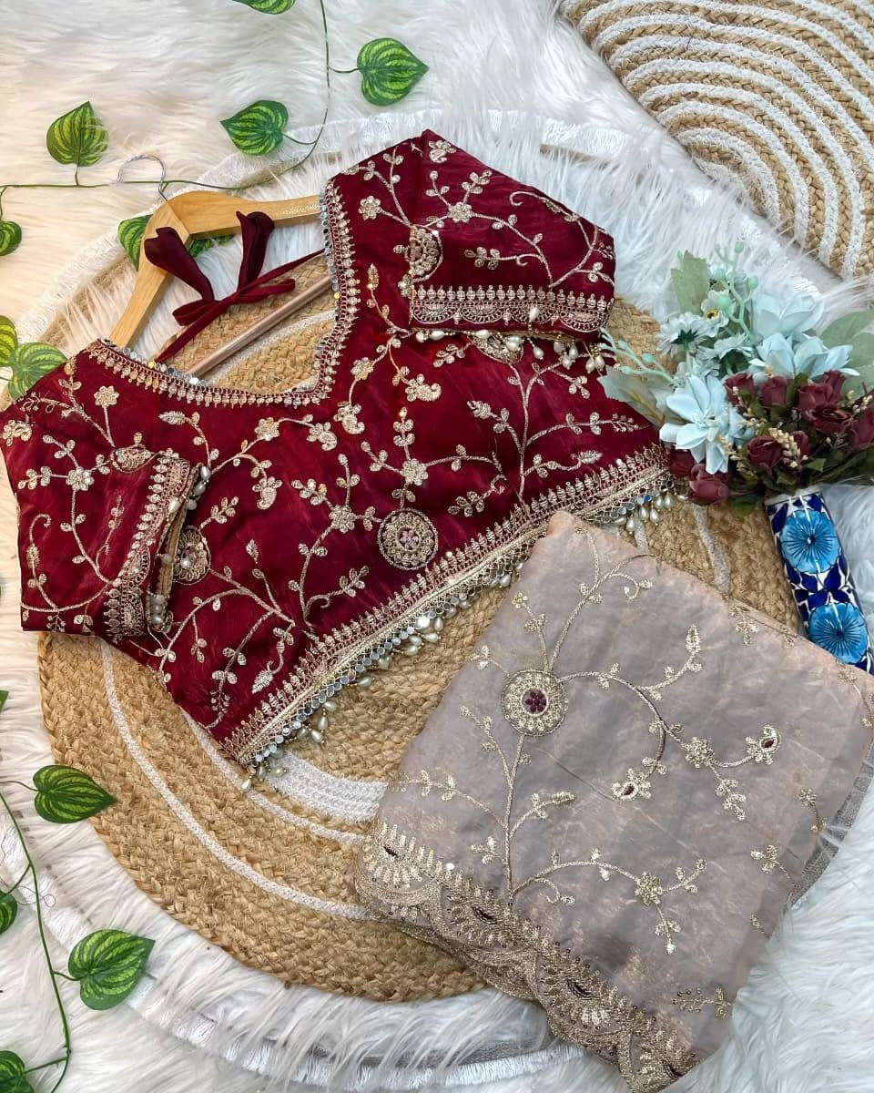 Fendi Satin Silk Saree with beautiful embroidery 3 mm sequence work jhal in all over saree nd heavy border with cutwork
Paired with fully stiched blouse