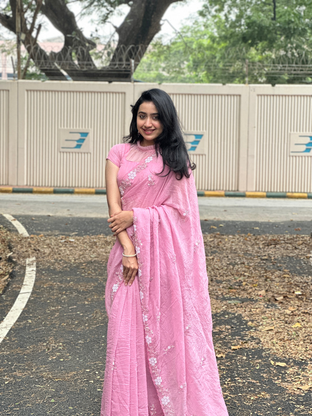 LIGHT PINK Chiffon Silk Saree Heavy Handwork with Beads work, Khatli Work, Sequins Work and Aacro Border