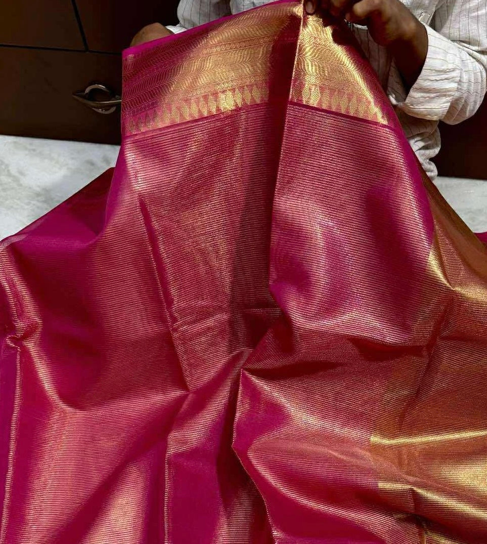 METALLIC DARK PINK Soft Banarasi Tissue Saree, Heavy Weaving Jacquard Border and Heavy JARI LINING Allover the Saree