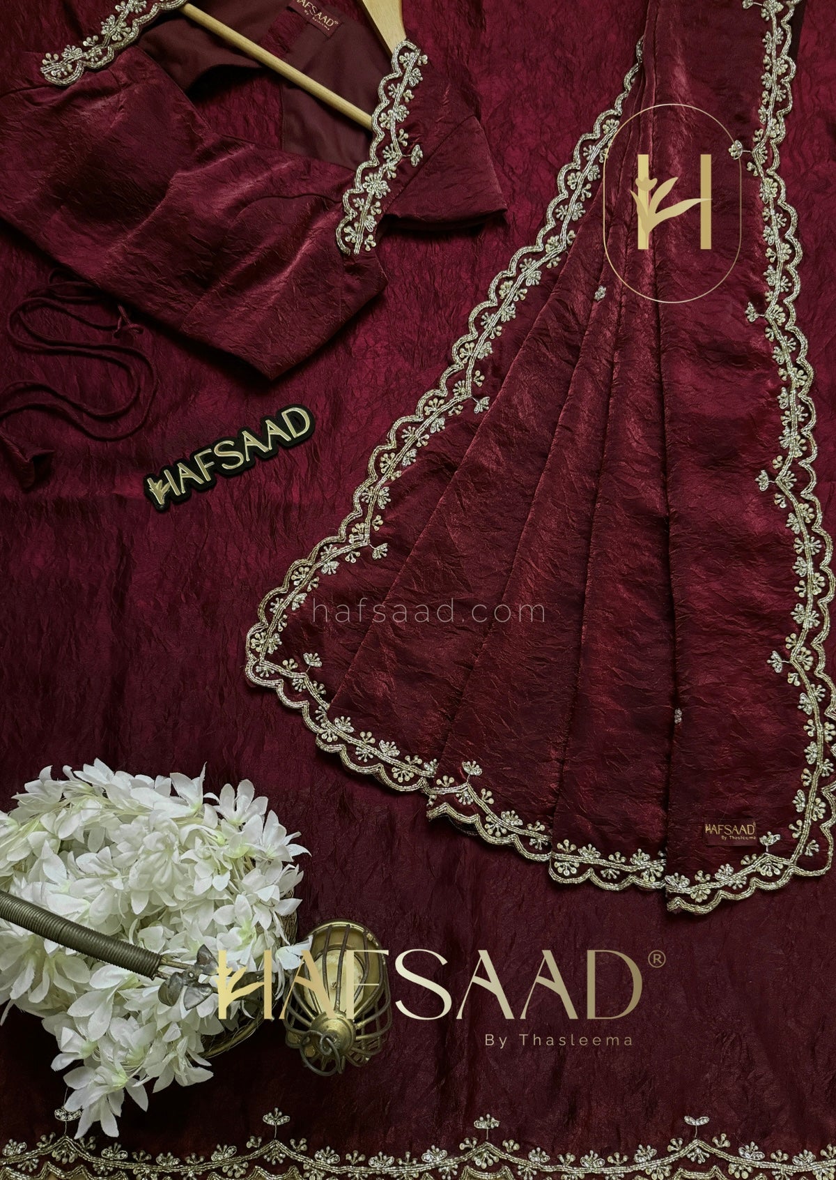 Richness of MAROON RED, the mystery of BLACK Crushed Fendi Silk Saree Featuring a constellation of pearl and sequin work