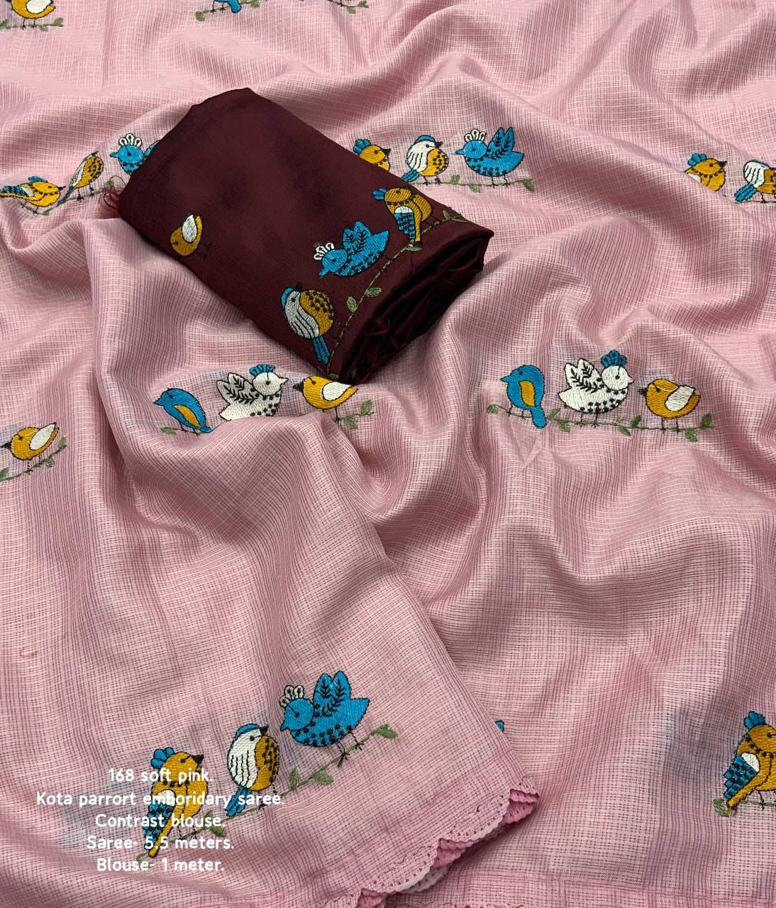 Soft PINK Color Kota Silk Saree with Bird Style Embroidery