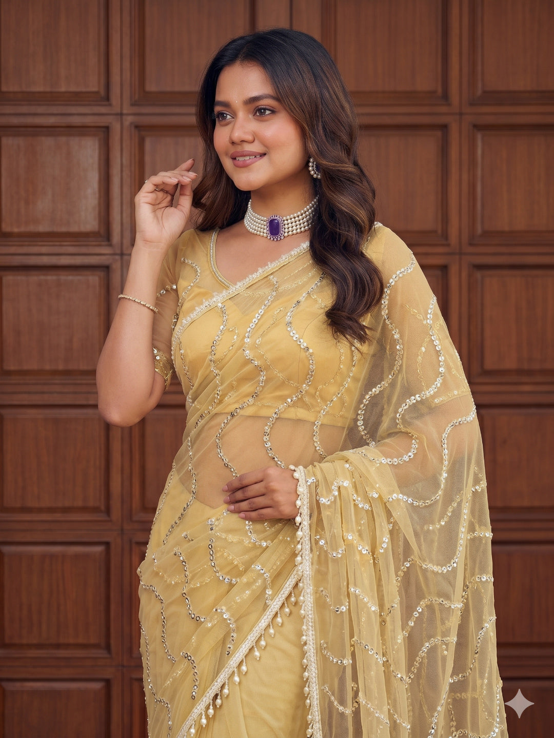 PASTEL YELLOW Color Net Saree with Designer work