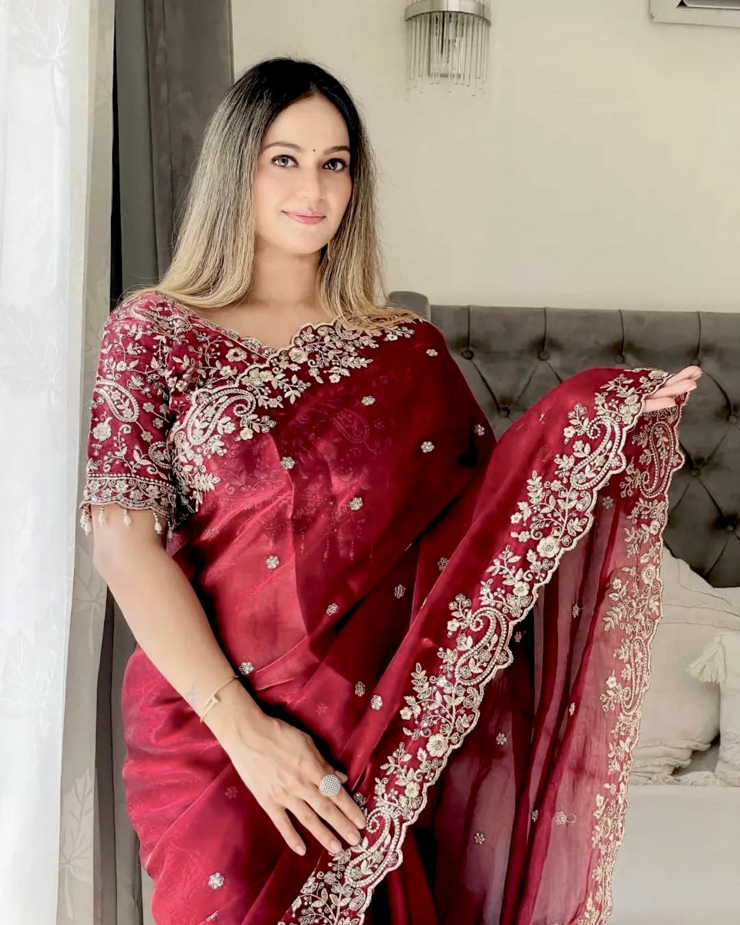 DEEP MAROON Soft Fendi Satin Saree With FADED GOLD Heavy Embroidery Sequence With Multi Thread, Jari Work And Scallop Border with READYMADE//STITCHED Blouse