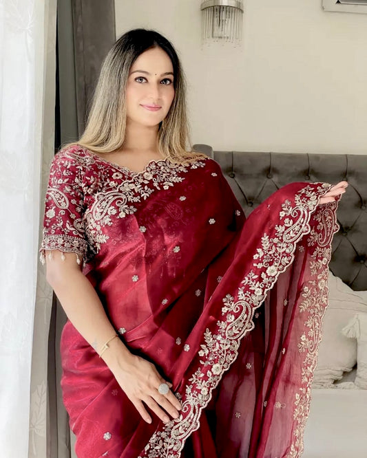 DEEP MAROON Soft Fendi Satin Saree With FADED GOLD Heavy Embroidery Sequence With Multi Thread, Jari Work And Scallop Border with READYMADE//STITCHED Blouse