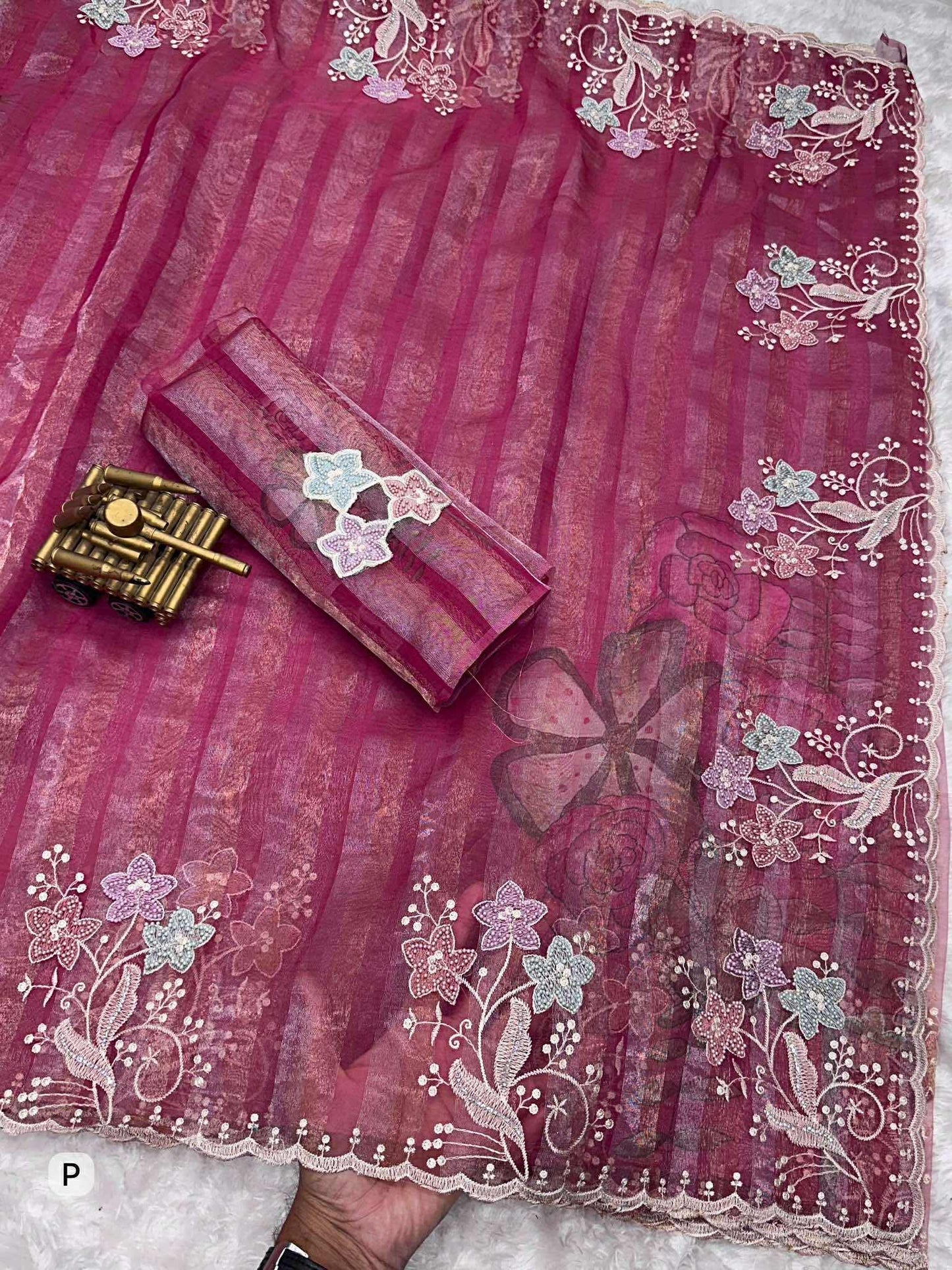 Pink Shaded Pure Tissue Saree with Thread Embroidery work, Pearl stone work in full saree with Silver and Gold zari weaving stripes