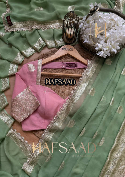 Mint Green Color Viscose Georgette Saree with Jari, Beads and Sequins Lace Work Border and Pallu with Heavily Weaving Border and Weaving Leaves 🍁....Paired with Heavy Weaving Pastel Pink Color Blouse Piece with Jari, Beads and Sequins work Lace