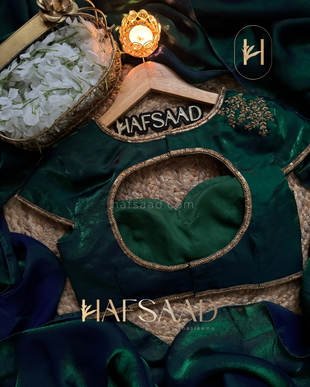 EMERALD GREEN Stardust Satin Saree paried with Same Material Blouse with Artisanal Handwork