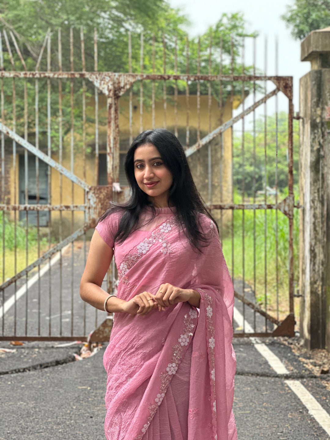 LIGHT PINK Chiffon Silk Saree Heavy Handwork with Beads work, Khatli Work, Sequins Work and Aacro Border