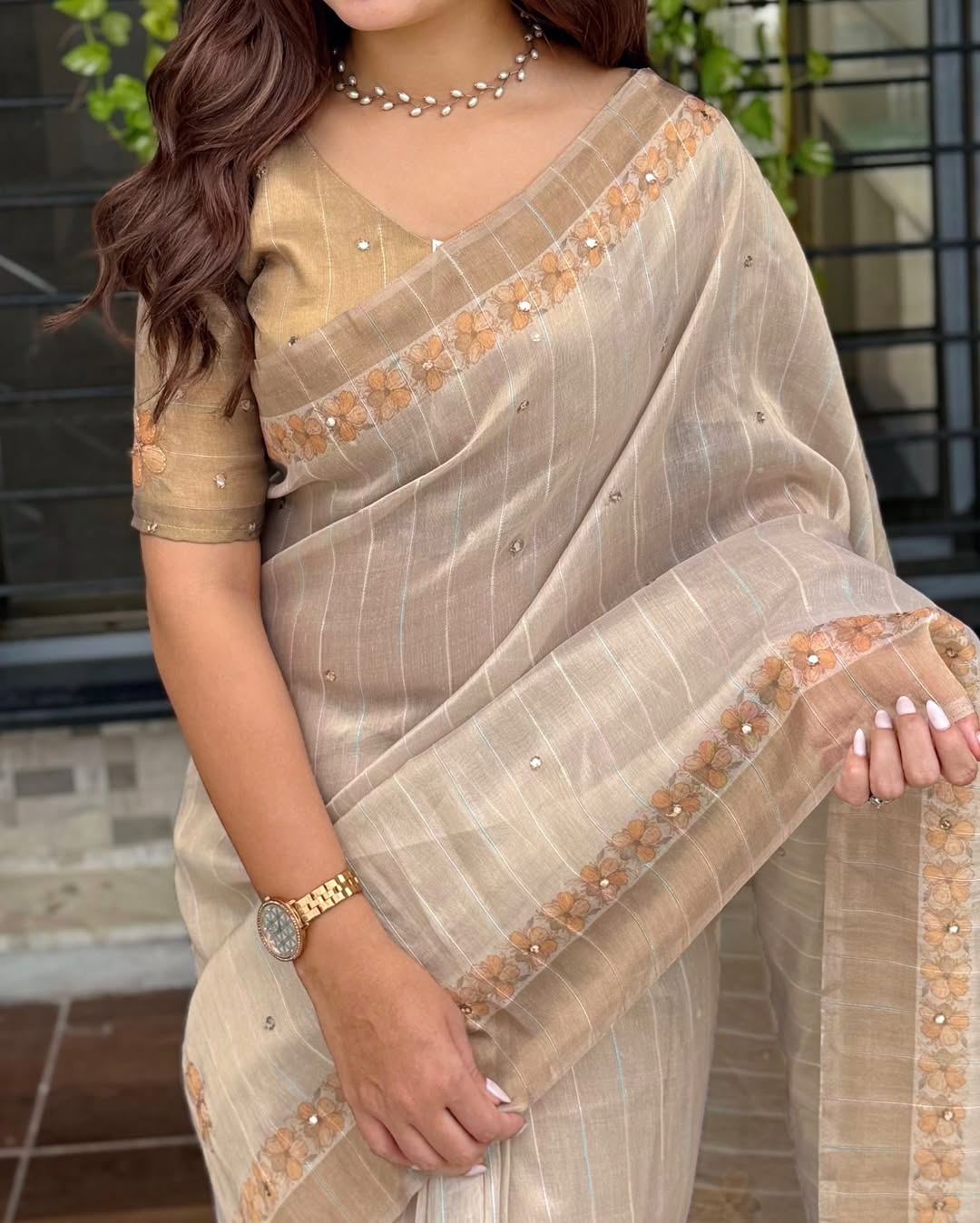 Tissue Silk Digital Print Saree with rainbow zari sequin lining and Aari Embroidered postion work with mirror work..stylish pearl latkan in saree pallu..
Blouse with rainbow Zari Sequins lining and Hand aari & mirror work