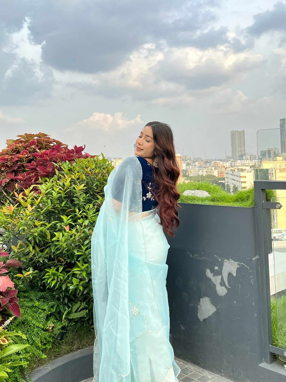 Organza hand work Khatli and Pearl Work saree with DEEP NAVY BLUE Color Velvet Khatli Work unsttiched blouse piece