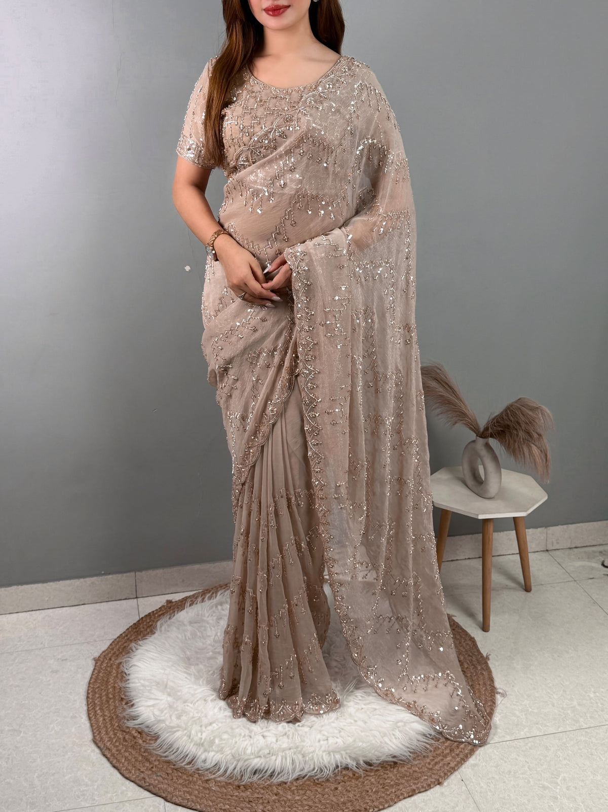 PREMIUM WOOLLY BEIGE Color Fendi Satin Saree