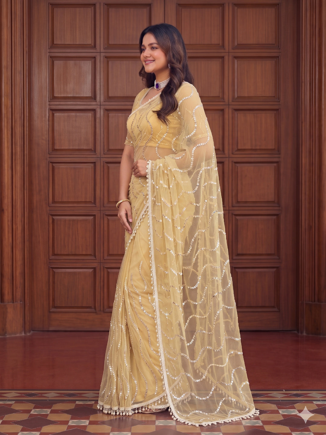 PASTEL YELLOW Color Net Saree with Designer work