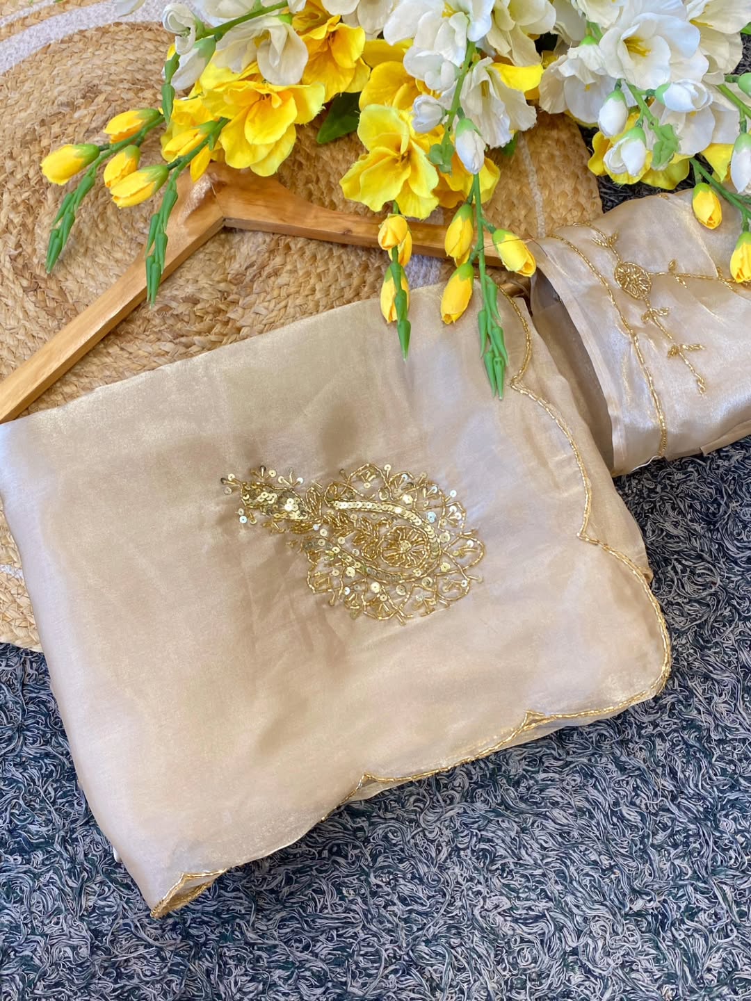 GOLDEN BEIGE Color Satin Organza Saree with Lucrative handwork design with sequins work