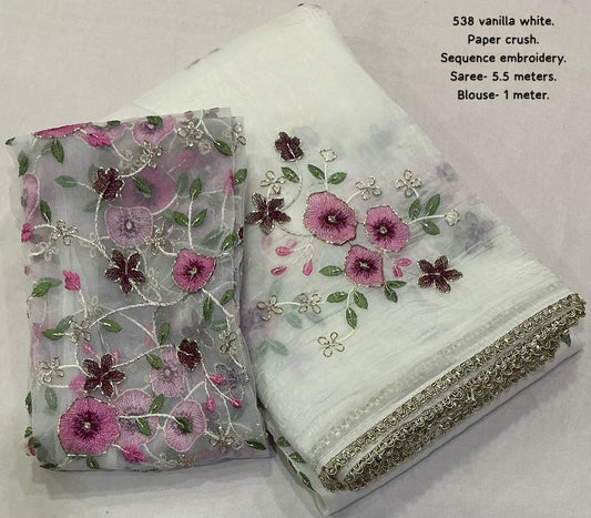 VANILLA WHITE Soft paper crush saree with thread flower embroidery