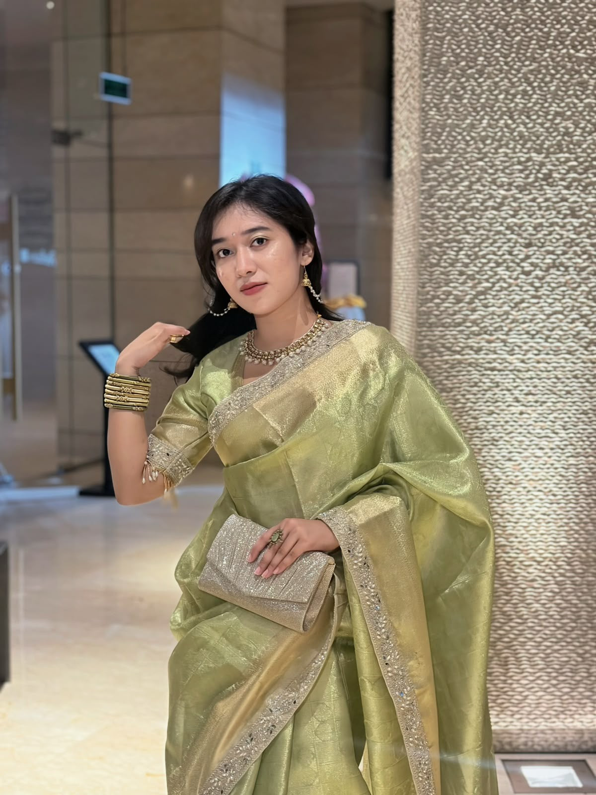 FROSTING PISTACHIO COLOR Soft Banarasi Tissue Silk Saree