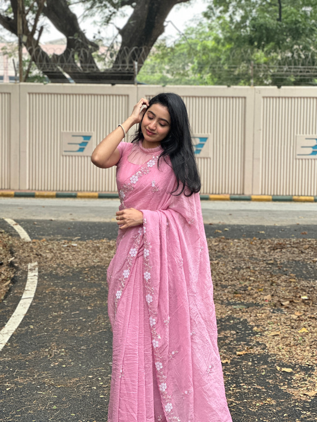 LIGHT PINK Chiffon Silk Saree Heavy Handwork with Beads work, Khatli Work, Sequins Work and Aacro Border