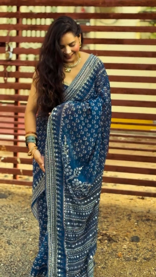 Royal Blue Color Soft Faux Georgette Saree with Khatli Work