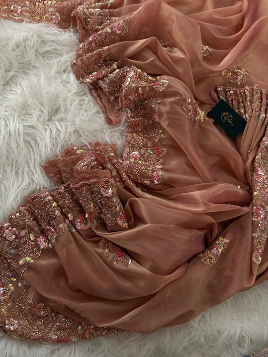 Tissue Silk Saree Dual Tone of Peach and Golden Hues