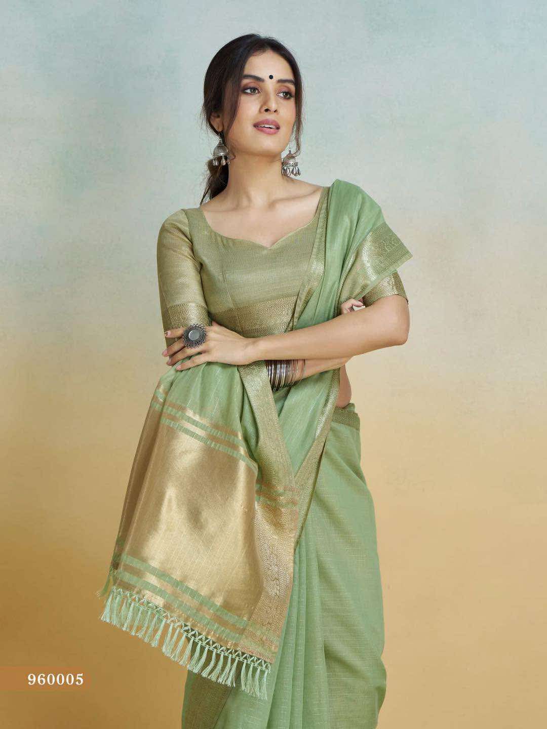 SAGE GREEN PURE HANDLOOM KHADI SILK SAREE WITH Rainbow Jari Lining All Over The Saree and Heavy Weaving Border and Pallu