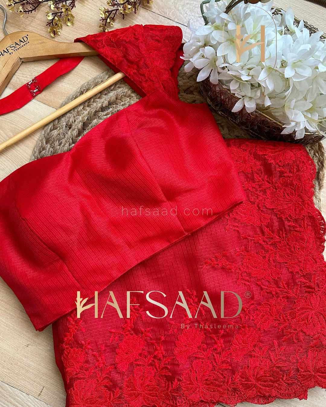 Premium Kota Silk Saree with embroidery work & with blouse piece (Vermilion Red)