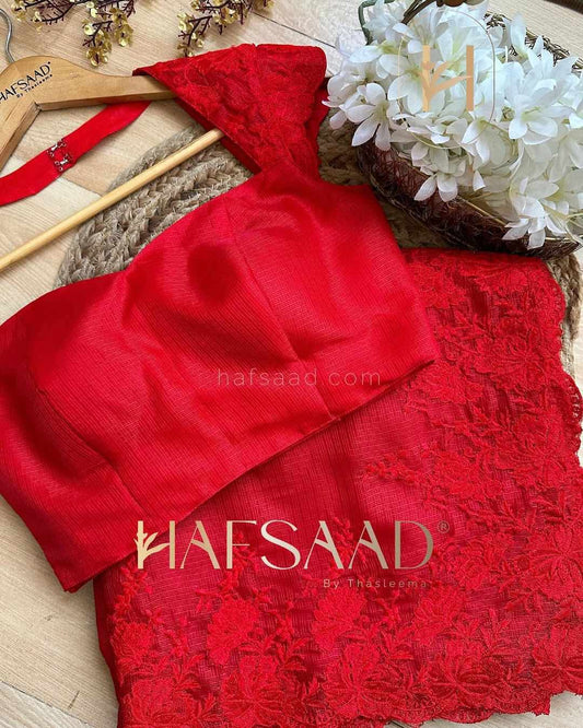 Premium Kota Silk Saree with embroidery work & with blouse piece (Vermilion Red)