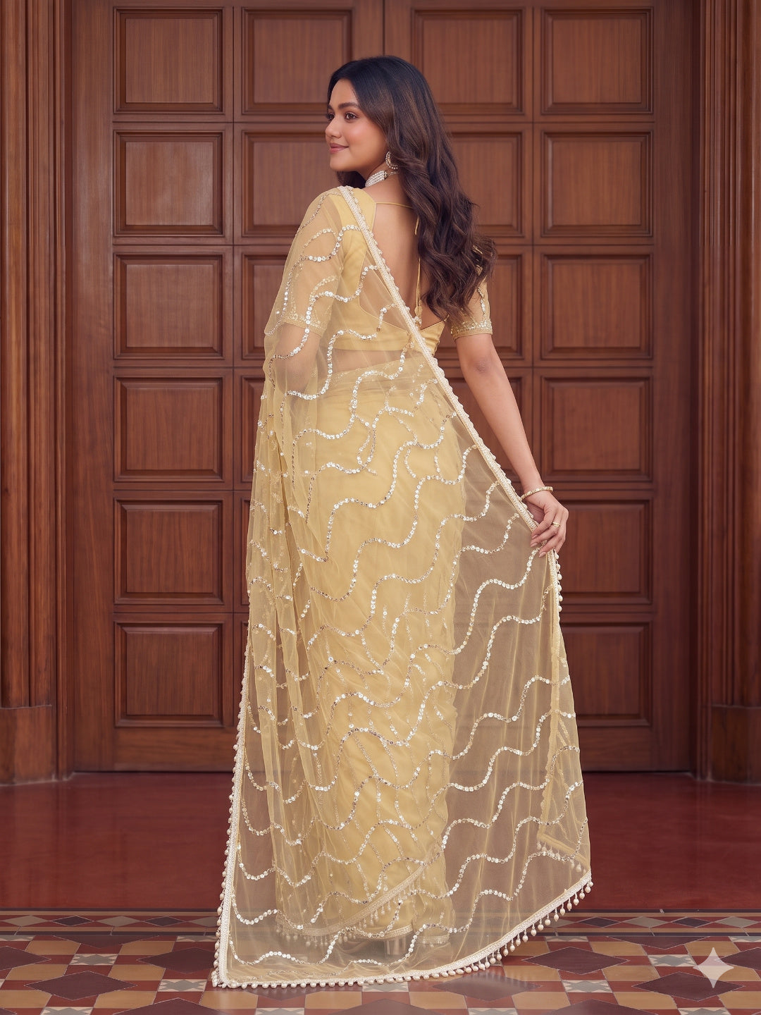 PASTEL YELLOW Color Net Saree with Designer work