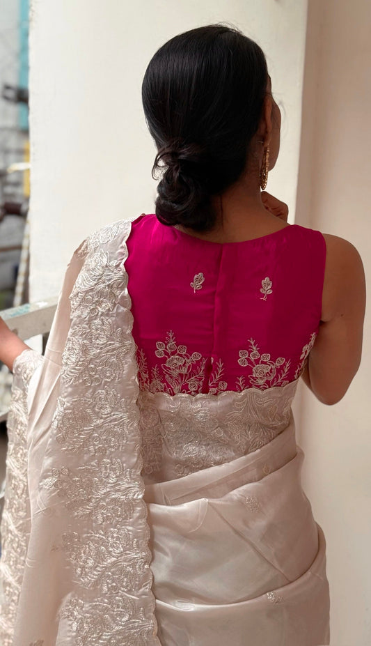 PASTEL IVORY COLOR Saree CRAPE SATIN and vibrant rani pink Blouse Piece