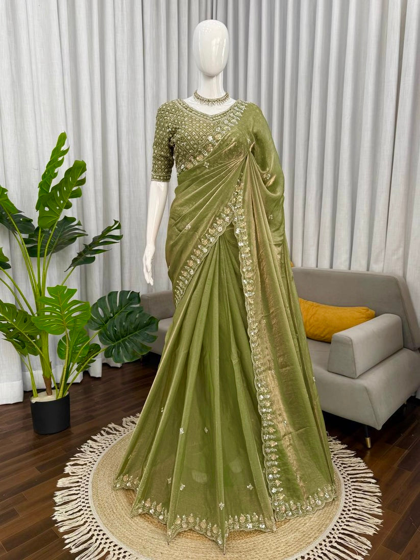 Pure Soft Space Silk Saree with beads and sequins work