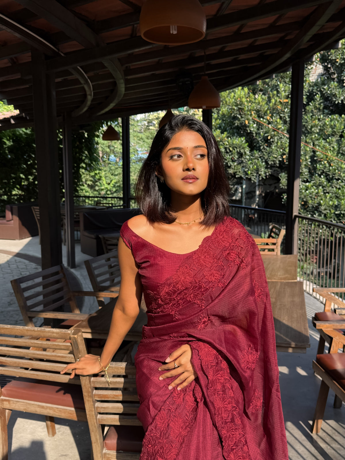 Premium Dark Maroon Kota Embroidery Saree with Unstitched Blouse Piece