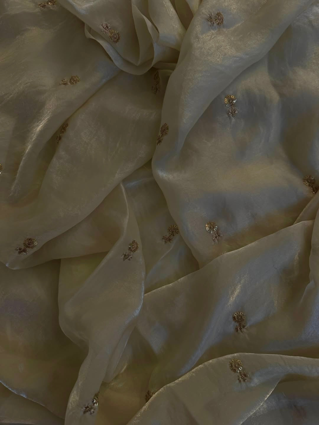 A Soft Beige Color Stardust Satin Saree Dual Shaded Sequins Jari Butti Work Allover the saree paired with Deep Maroon Color Sequins work Blouse