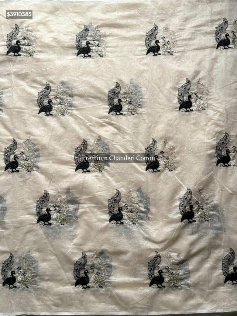 Premium Chanderi saree with peacock embroidery work Teamed with pure khadhi cotton embroidery work Unstitched Blouse Piece