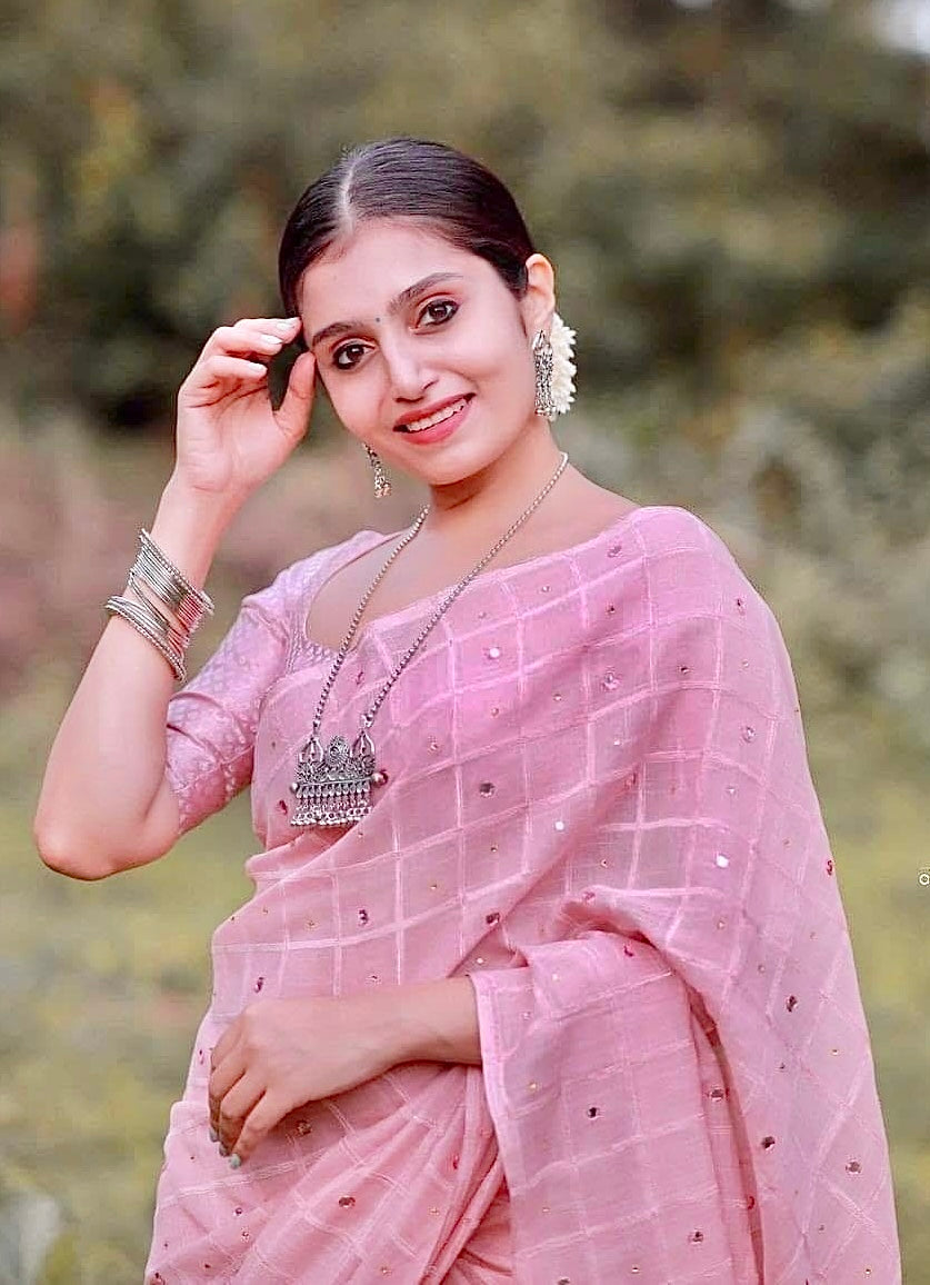 PEARL PINK Color Soft Linen Saree with weaving chex of Velvet thread