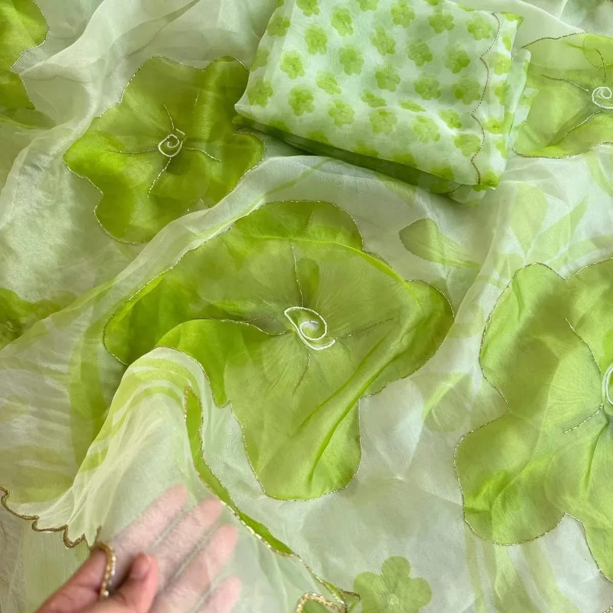 Fresh Lime Green Elegant Organza hand work Khatli and Pearl Work saree with digital print blouse piece